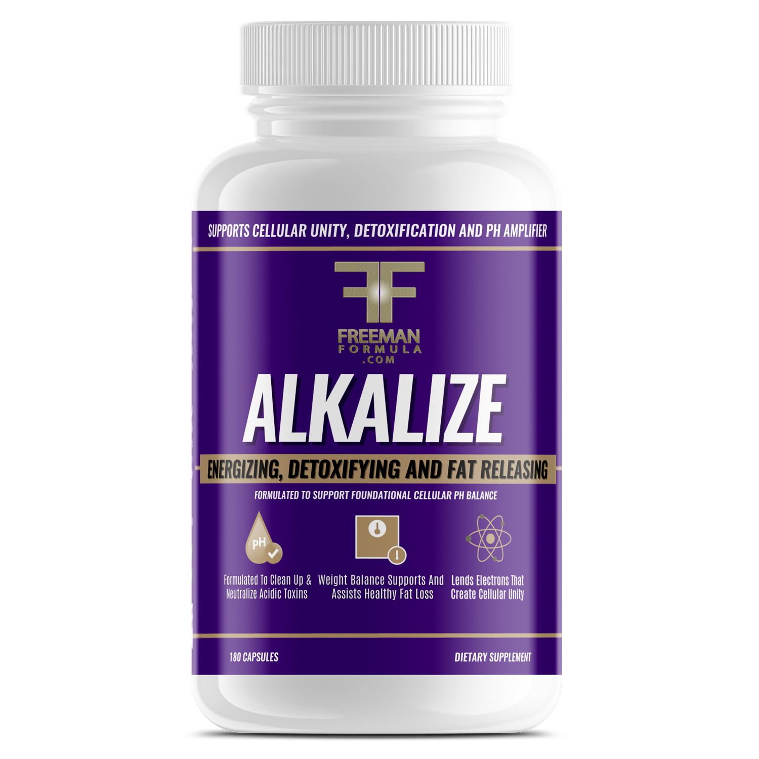 Freeman Formula Alkalize supplement bottle for cellular balance, detoxification, and energy support