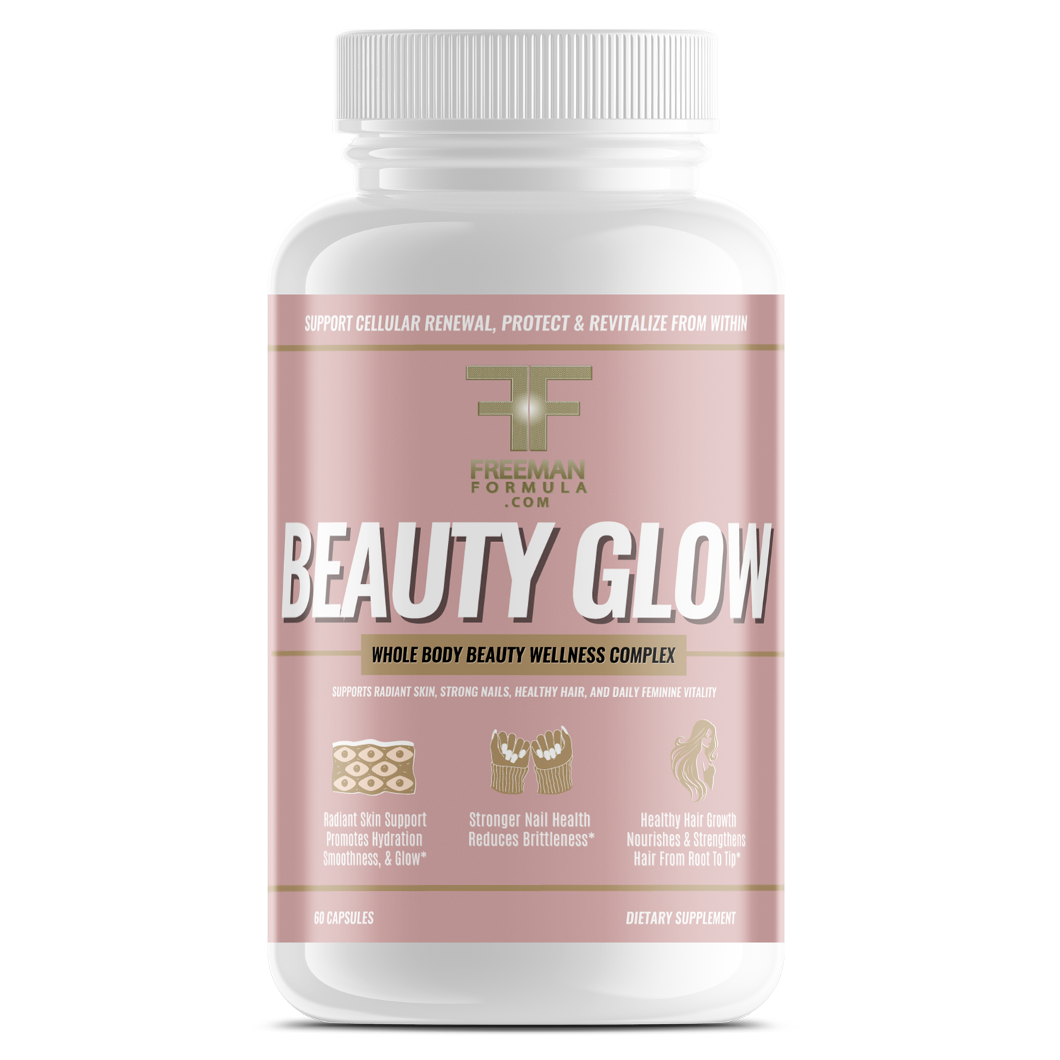 Supplement bottle labeled 'Beauty Glow' on a white background