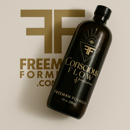 Conscious Flow nootropic brain elixir by Freeman Formula in a minimalist wellness setting with natural light