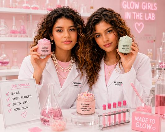 Two girls in white lab coats holding Freeman Formula Glow Lip Scrubs in a pink beauty lab with Cotton Candy, Minty Kisses, and Confetti Cake flavors displayed on a skincare table.