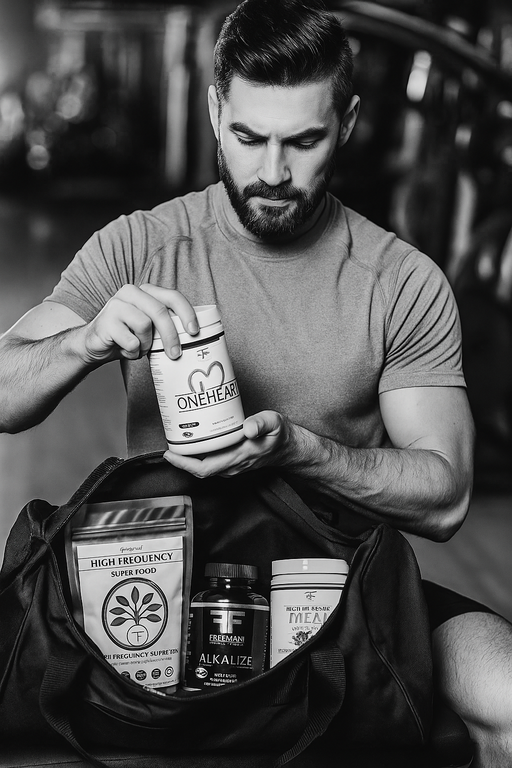 Fit, bearded man packing Freeman Formula heart health supplement stack (One Heart, Alkalize, Synergize, Superfood, Complete Meal) into gym duffle bag at fitness center. Black and white lifestyle photo with red and gold product accents.