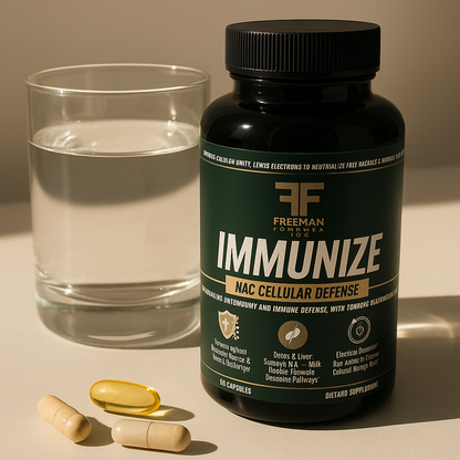 Immunize NAC Cellular Defense Bottle with glass on a countertop
