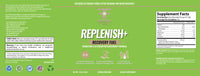 Thumbnail for Green supplement label for 'Replenish+' recovery fuel with text and graphics.