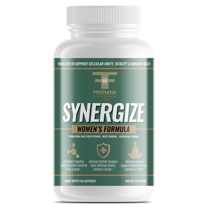 Supplement bottle labeled 'Synergize Women's Formula' by Freeman Formula on a white background