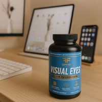 Thumbnail for Bottle of Freeman Visual Eyes supplement on a desk with a computer setup in the background