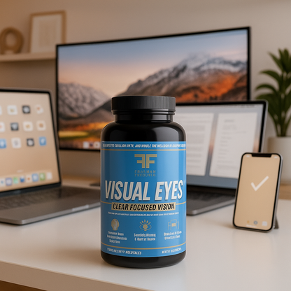 Bottle of 'Visual Eyes' supplement on a desk with electronic devices in the background