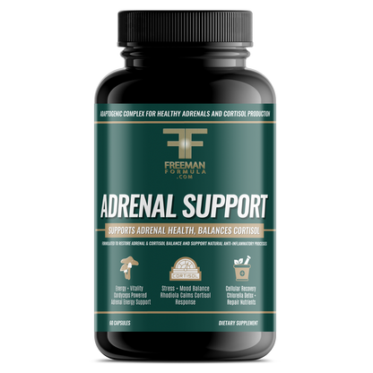 Freeman Formula Adrenal Support supplement promotes adrenal health, balances cortisol levels, reduces stress, and supports sustained energy and focus.