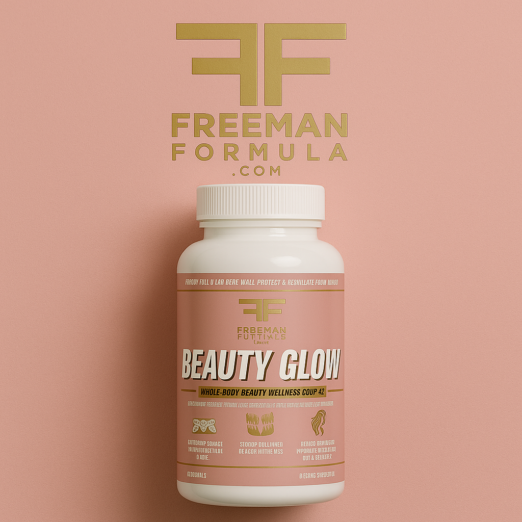 Freeman Formula BEAUTY GLOW supplement with collagen, antioxidants, and vitamins that promote glowing skin, strong hair, and healthy nails.
