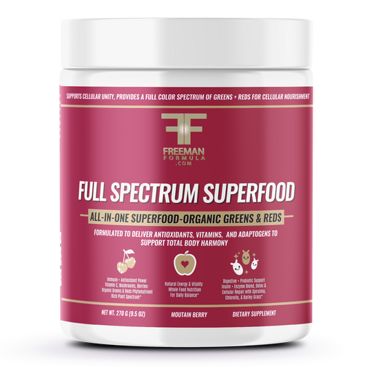 Freeman Formula Full Spectrum Superfood Mountain Berry flavor all-in-one organic greens and reds supplement container on white background