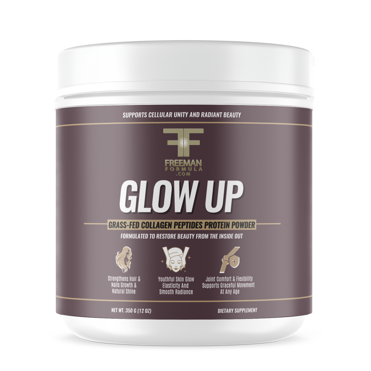 Freeman Formula Glow Up grass-fed collagen peptides protein powder for radiant skin, strong hair and nails, and healthy joint support.