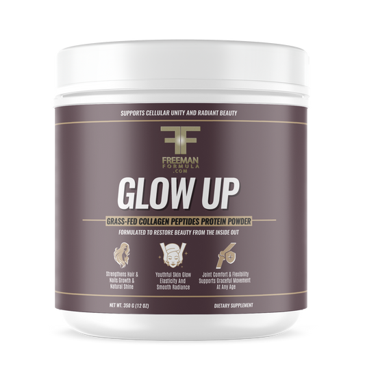 Freeman Formula Glow Up grass-fed collagen peptides protein powder for radiant skin, strong hair and nails, and healthy joint support.