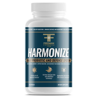 Freeman Formula Harmonize Daily Probiotic and Defense System supplement bottle designed to support gut health, strengthen immune defense, and promote digestive balance.