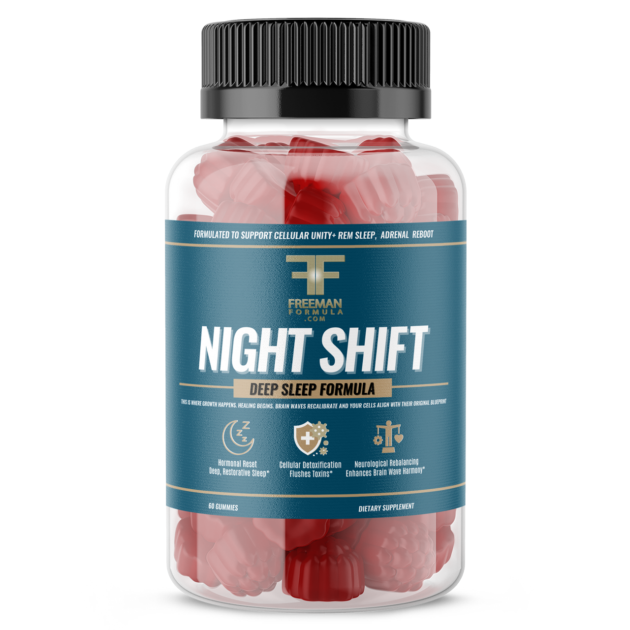 Bottle of Freeman Formula Night Shift Deep Sleep Formula gummies designed to support restful sleep, adrenal health, and recovery.