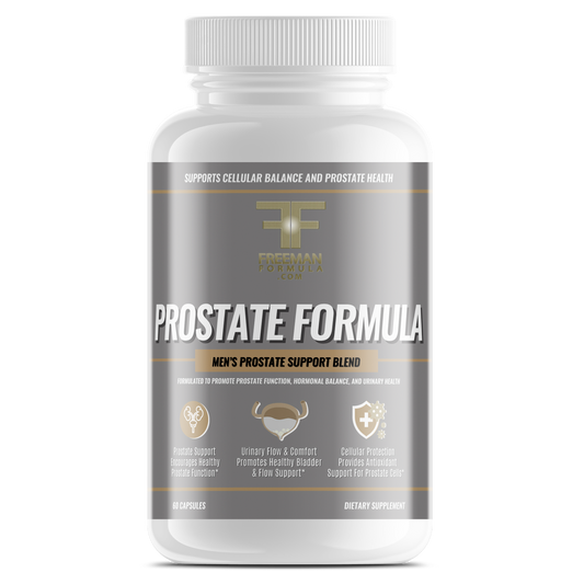 Bottle of Freeman Formula Prostate Formula men's supplement designed to support prostate function, hormonal balance, and urinary health.