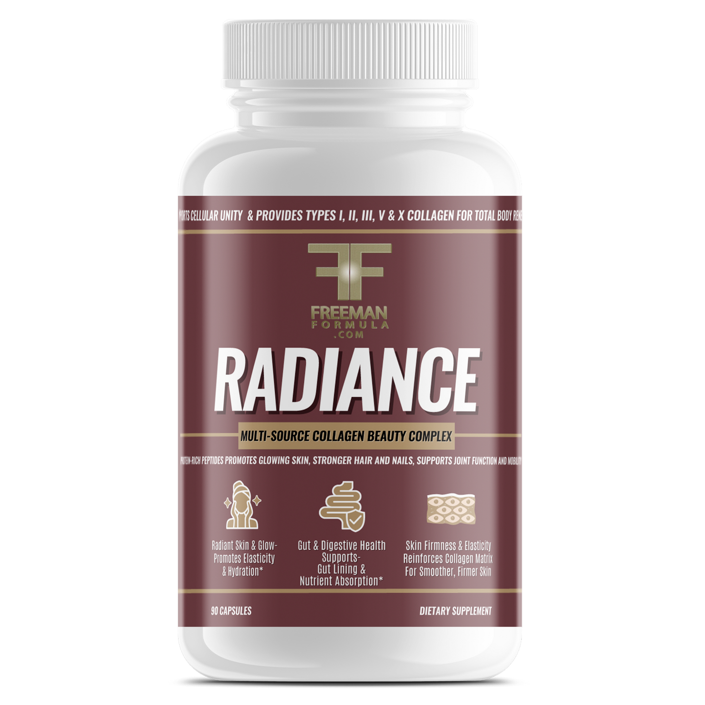 Freeman Formula Radiance Multi-Source Collagen Beauty Complex supplement bottle, formulated to support healthy skin, hair, nails, and joint elasticity.