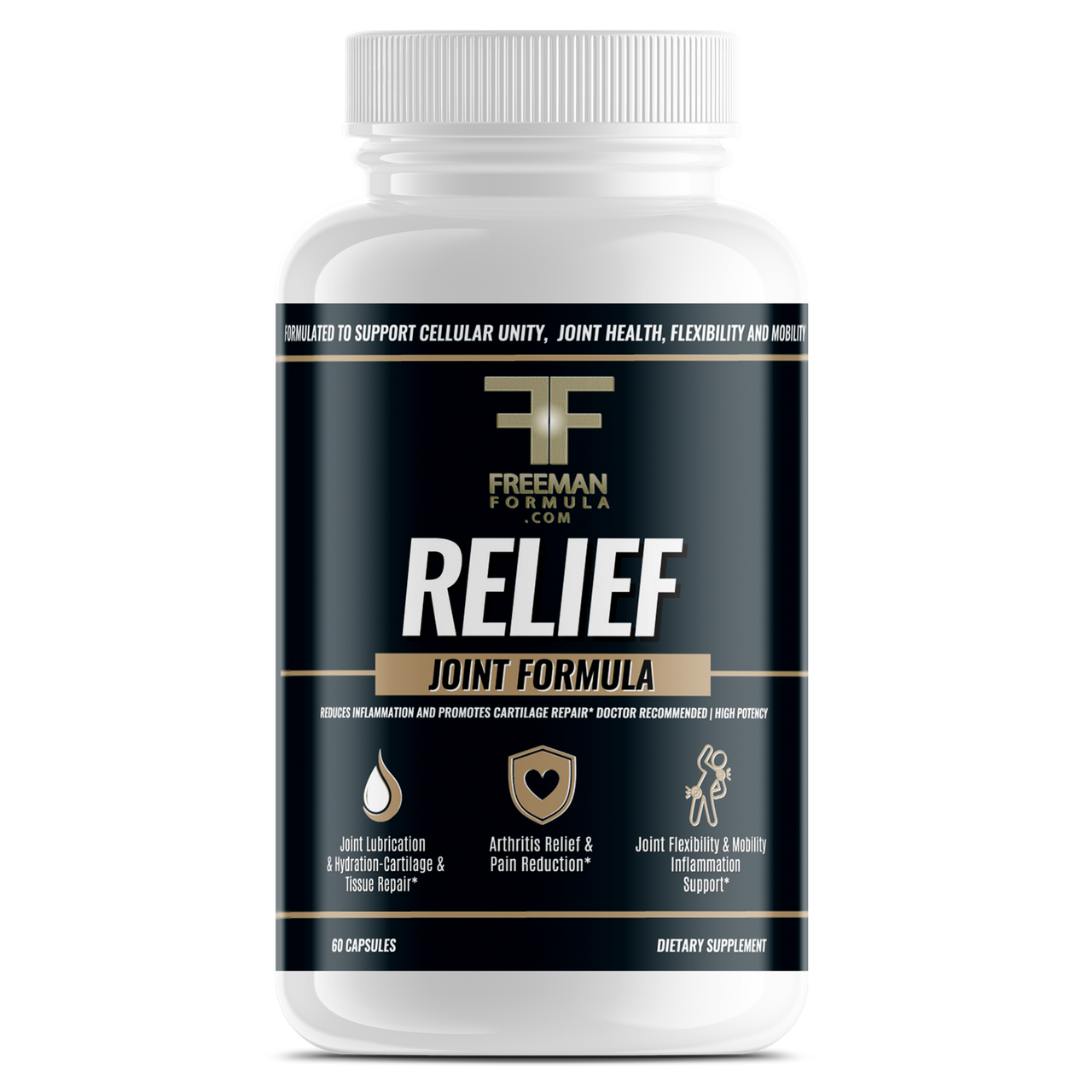Freeman Formula Relief Joint Formula supplement bottle designed to support joint flexibility, reduce inflammation, and promote overall mobility.
