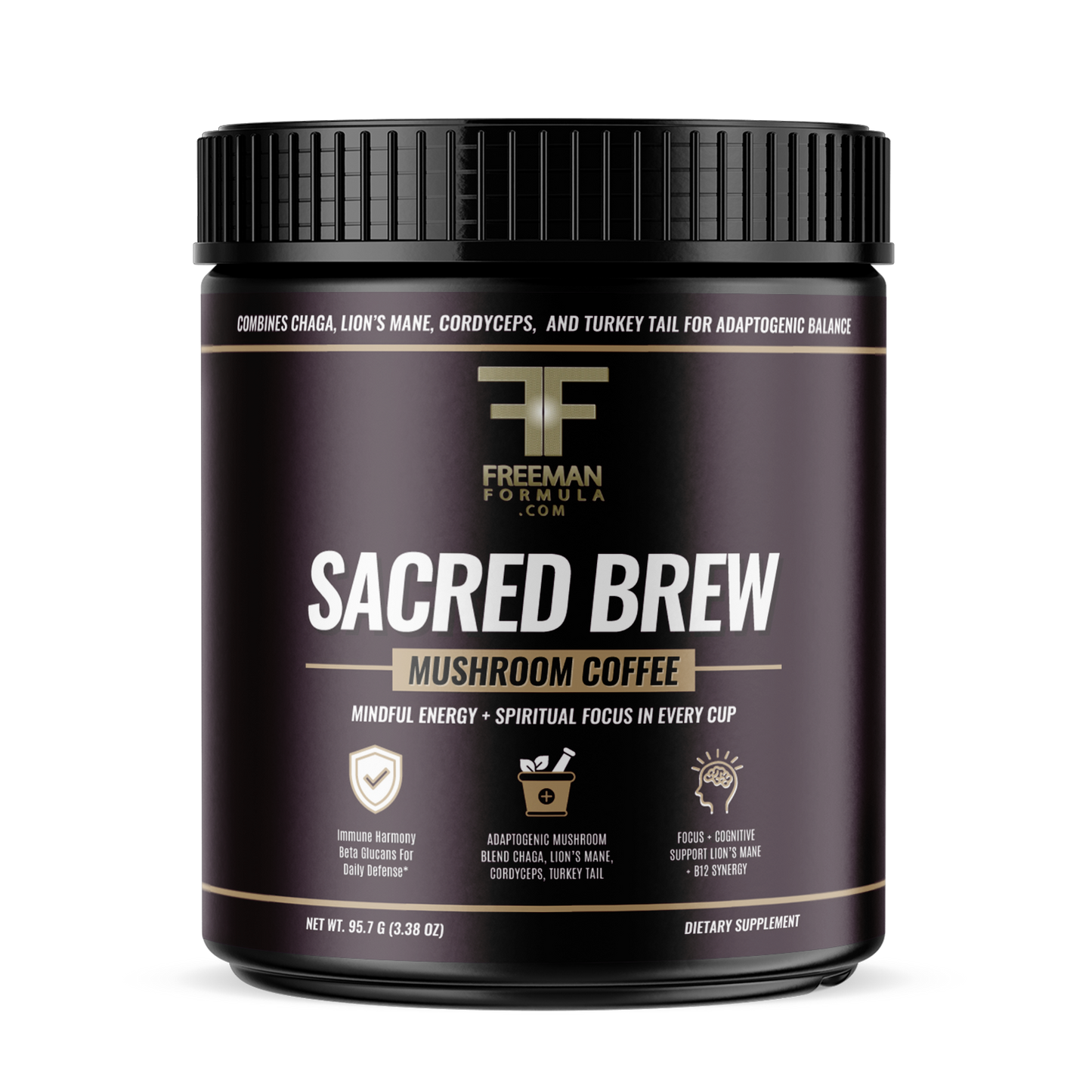 Freeman Formula Sacred Brew mushroom coffee blend made with adaptogenic mushrooms to boost focus, energy, and immunity without caffeine crashes.