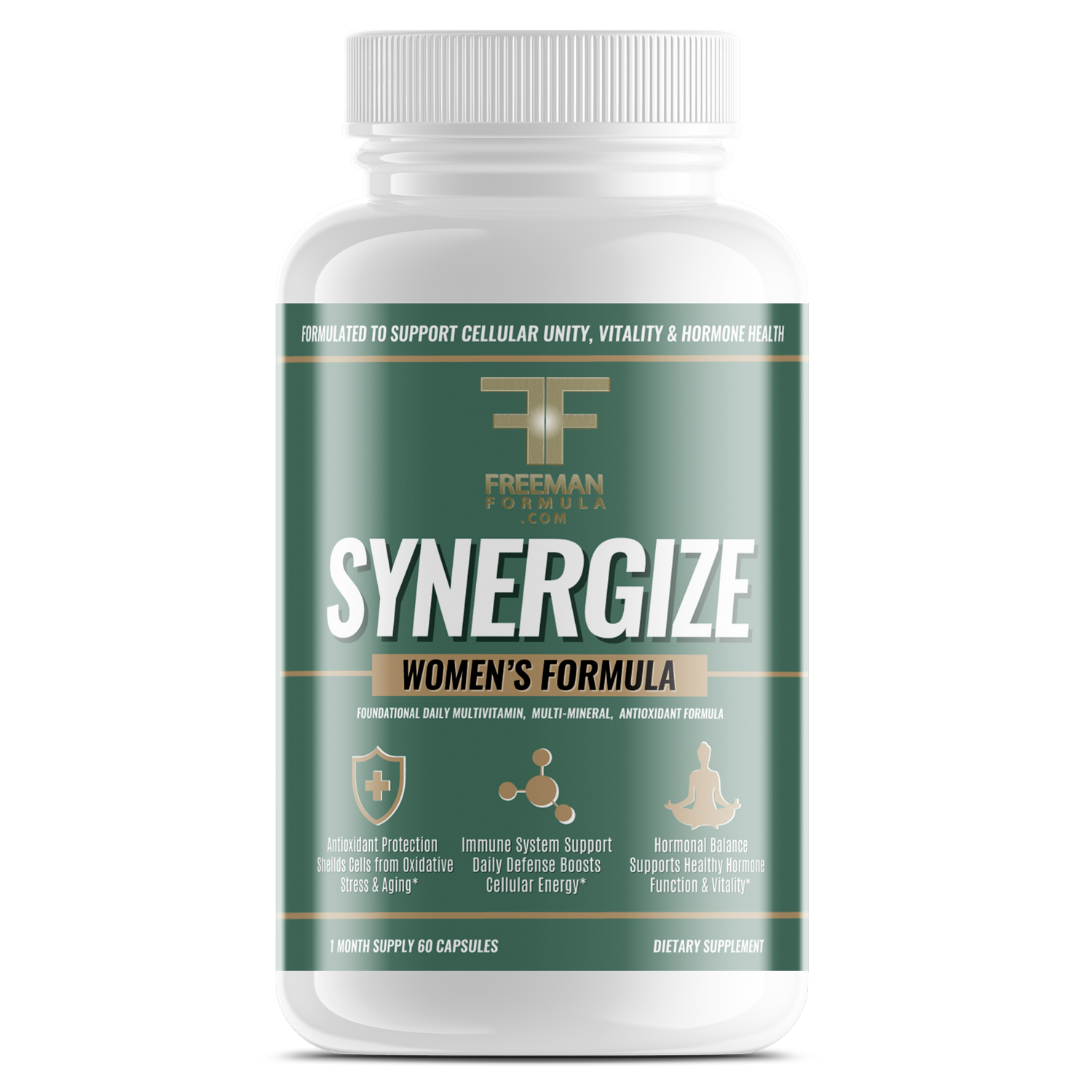 Bottle of Freeman Formula Synergize Women's Formula multivitamin supplement designed to support hormone balance, immune health, and cellular energy.