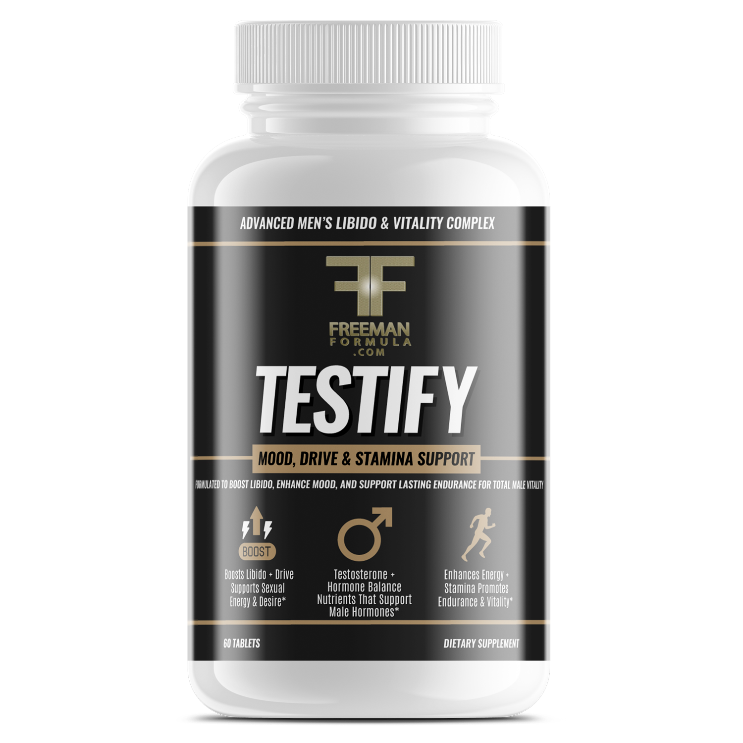 Bottle of Freeman Formula Testify men's supplement designed to boost libido, enhance mood, and support stamina and testosterone balance.