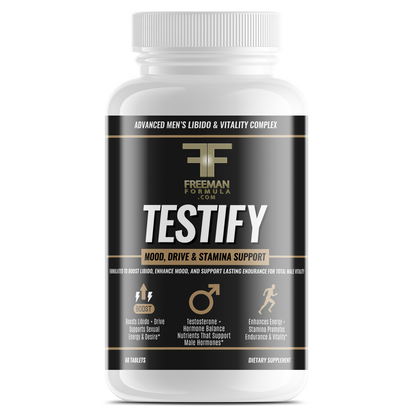 Bottle of Freeman Formula Testify men's supplement designed to boost libido, enhance mood, and support stamina and testosterone balance.