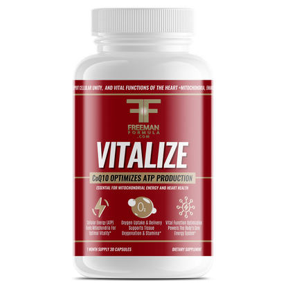 Freeman Formula Vitalize CoQ10 supplement bottle designed to optimize ATP production, support cellular energy, and promote heart health.