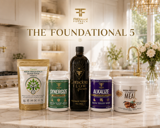 Collection of Freeman Formulas products on a kitchen counter with 'The Foundational 5' text.